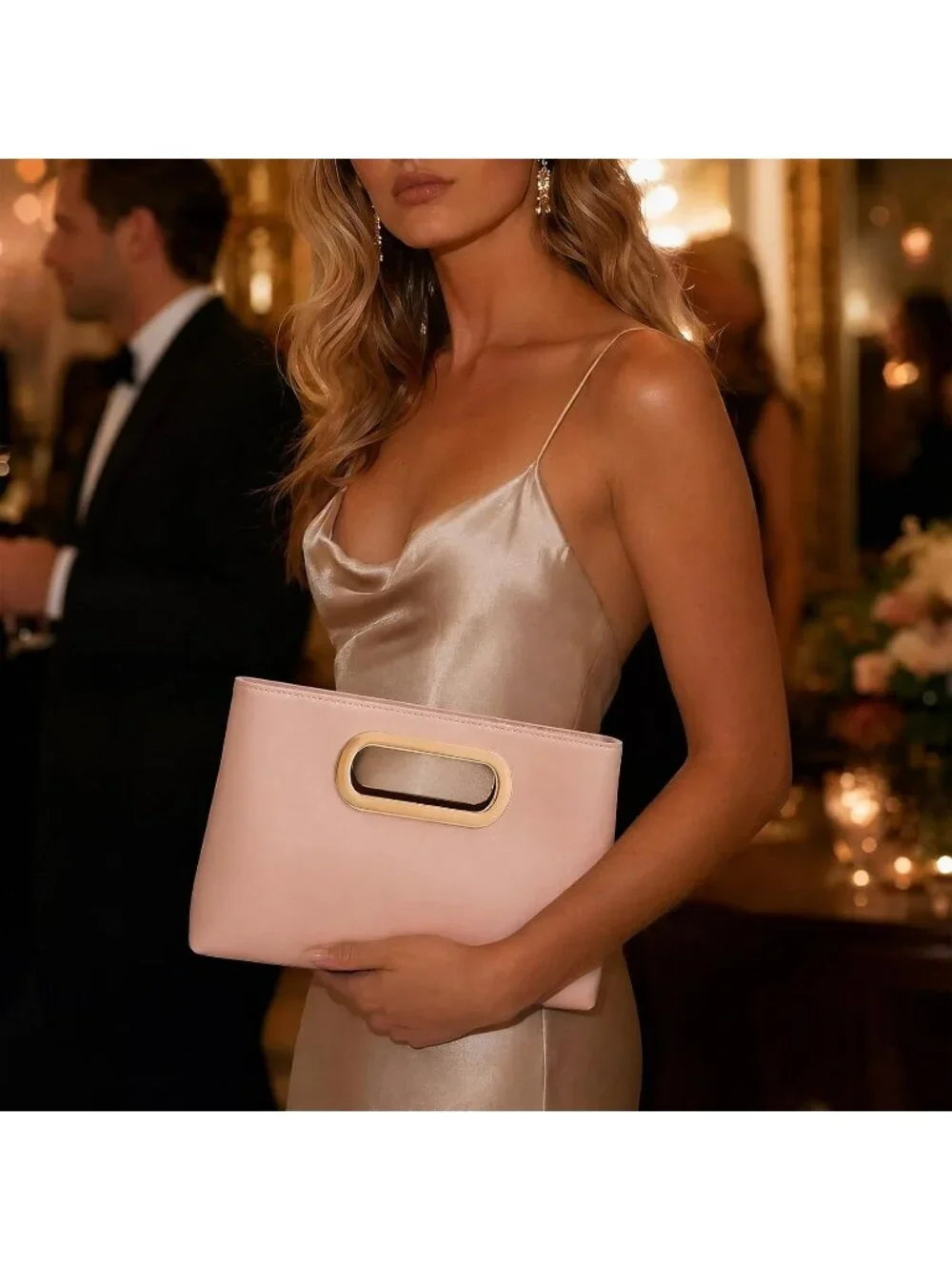 Women's Pink Clutch Handbag Modern Faux Leather with Metal Handle Evening Bag